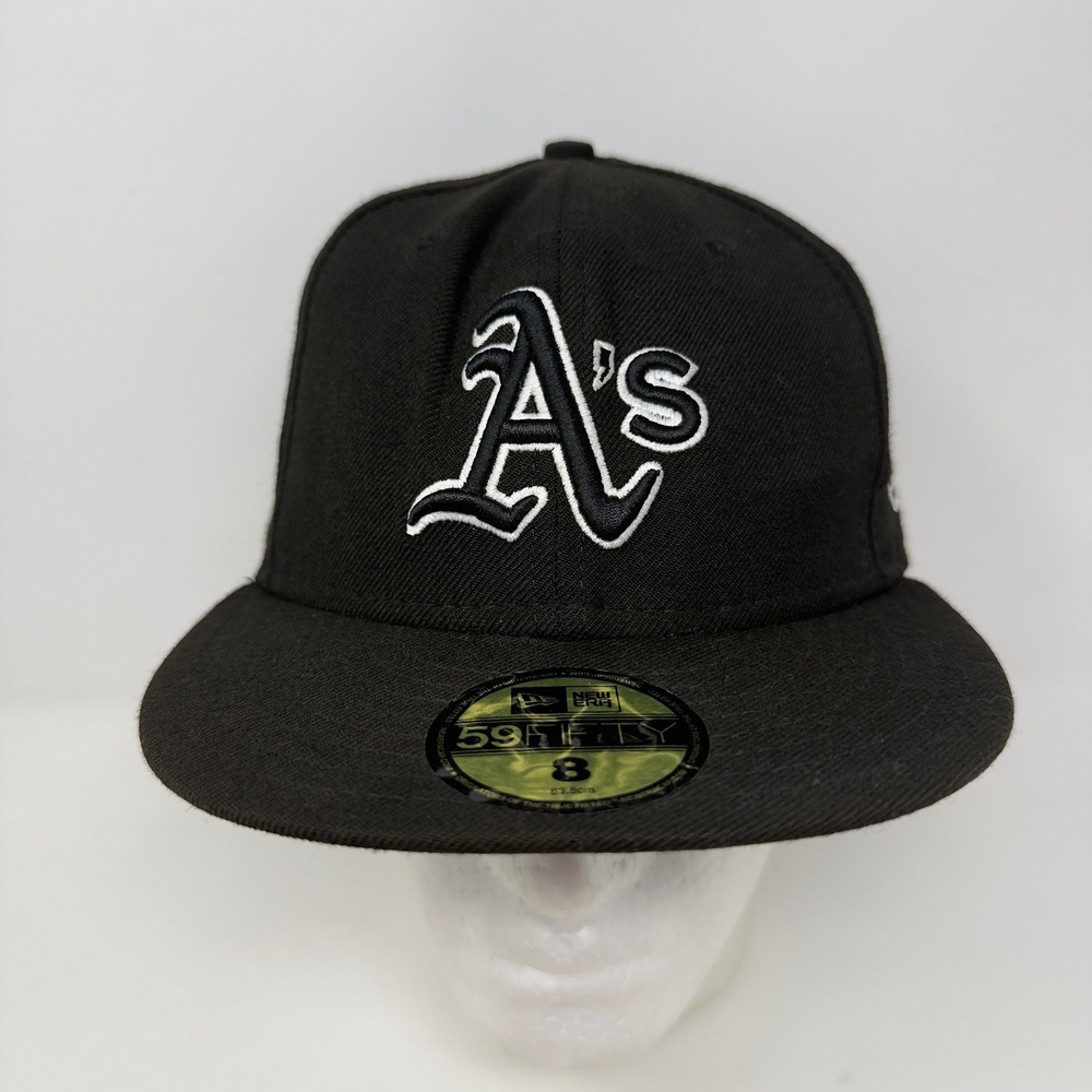 New Era Oakland Athletics MLB Baseball Cap Fitted Hat Size 8 Black 100% Wool USA